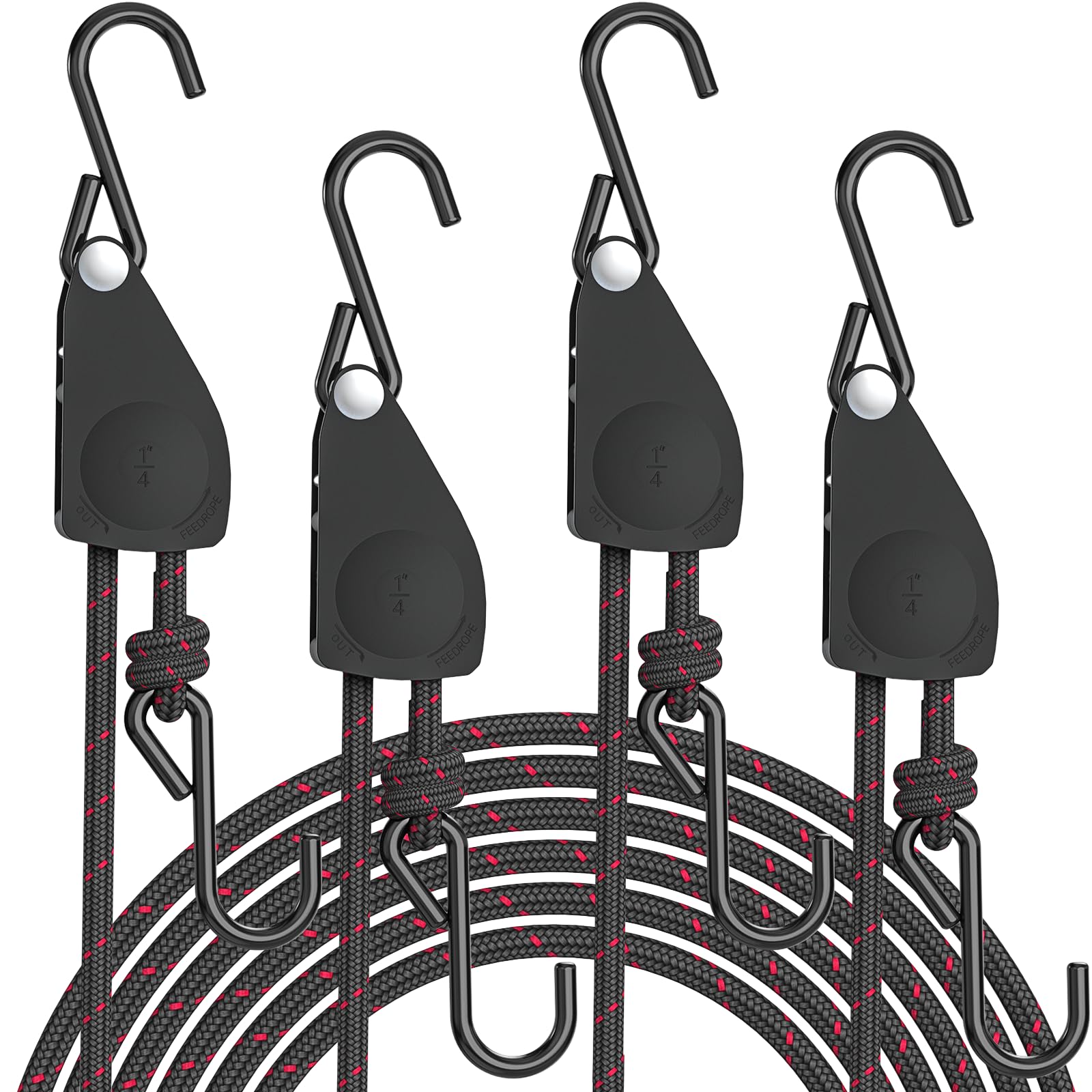 Kayak Straps Tie Downs 4 Pack, Roof Rack Straps Adjustable Ratchet Tie Down Straps with Lock S Hooks, 1/4 Inch 12 Feet Ratchet Straps Heavy Duty for Small Cargo, Kayak, Packing, Camping Gear