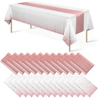 MASHAN 24 Pack White and Rose Gold Tablecloth Set - Rectangular PEVA Tablecloths and Satin Table Runners for Wedding, Baby Shower, Anniversary, Christmas, New Year Party