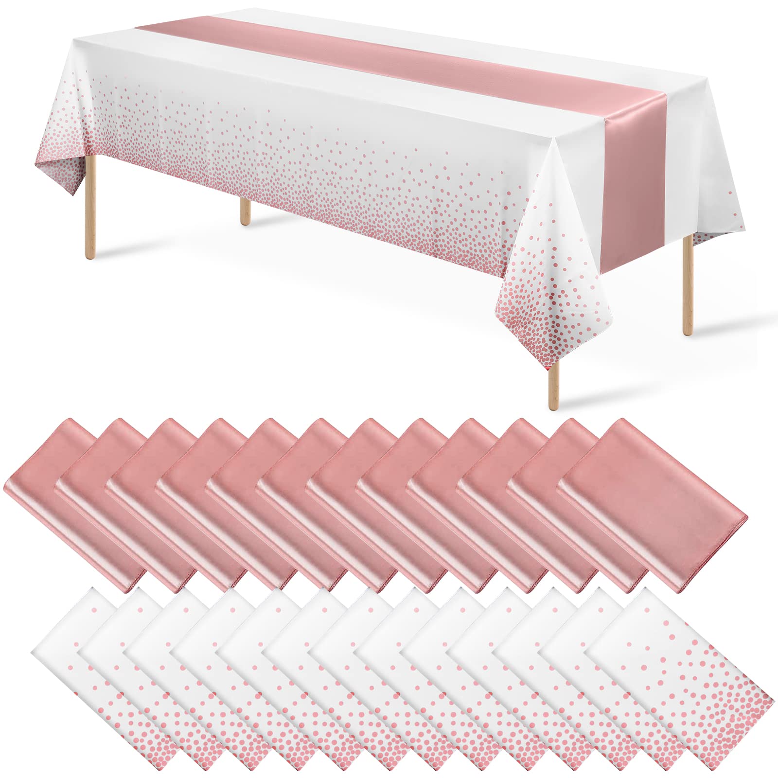 MASHAN 24 Pack White and Rose Gold Tablecloth Set - Rectangular PEVA Tablecloths and Satin Table Runners for Wedding, Baby Shower, Anniversary, Christmas, New Year Party