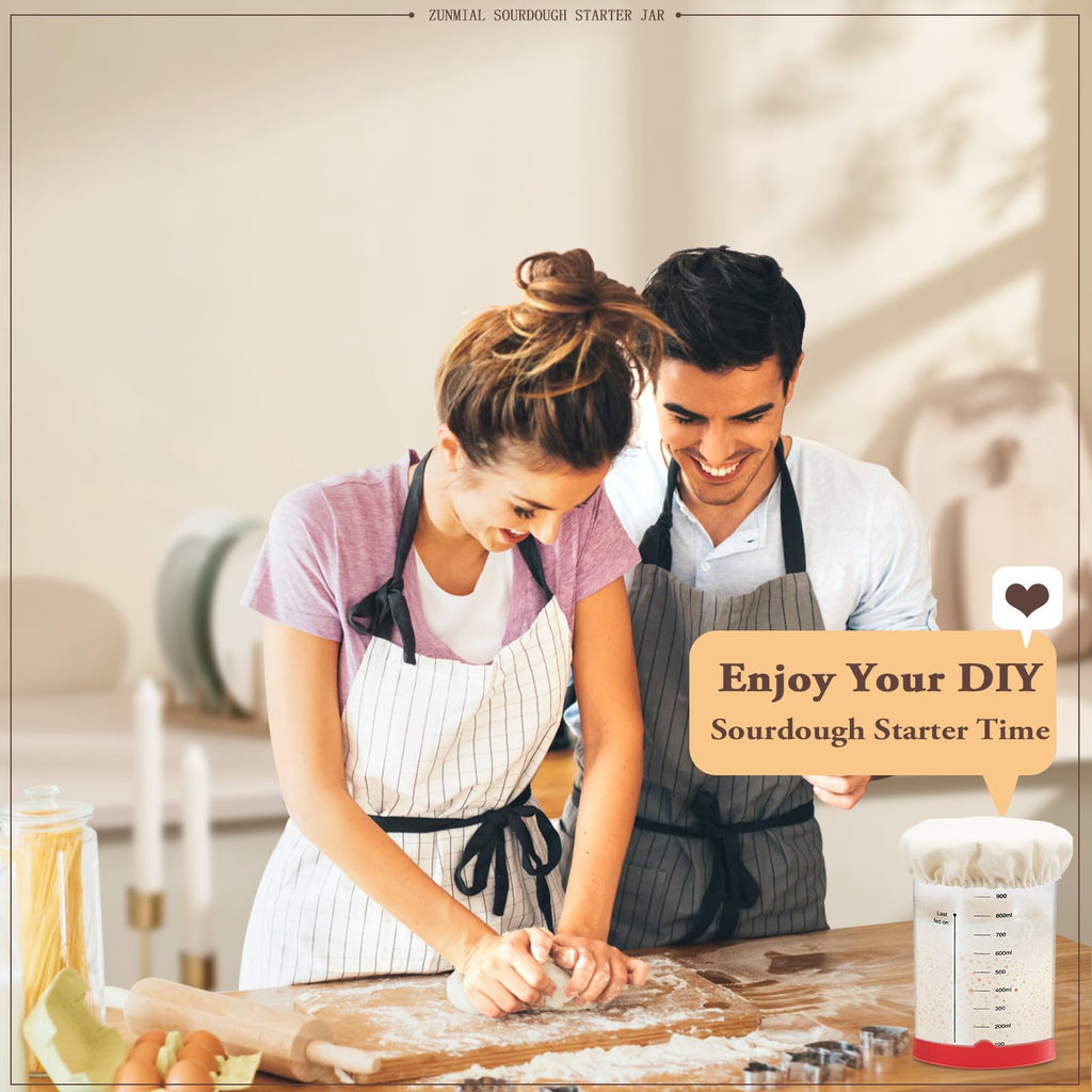 zunmial Sourdough Starter Jar, 35OZ Glass Sourdough Jars Wide Mouth With Red Silicone Cap, Sourdough Starter Kit with Date Marked Feeding Band, Thermometer, Cloth Cover