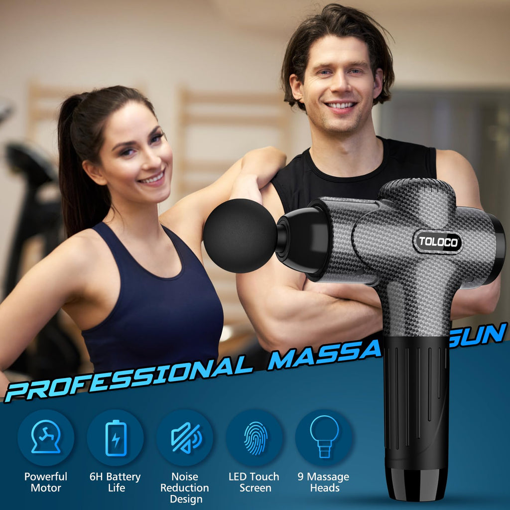TOLOCO Massage Gun, Upgrade Deep Tissue Back Massager with 9 Replacement Heads, Percussion Massage Guns for Athletes for Pain Relief, Super Quiet Electric Massager for Treatment, Relax, Carbon