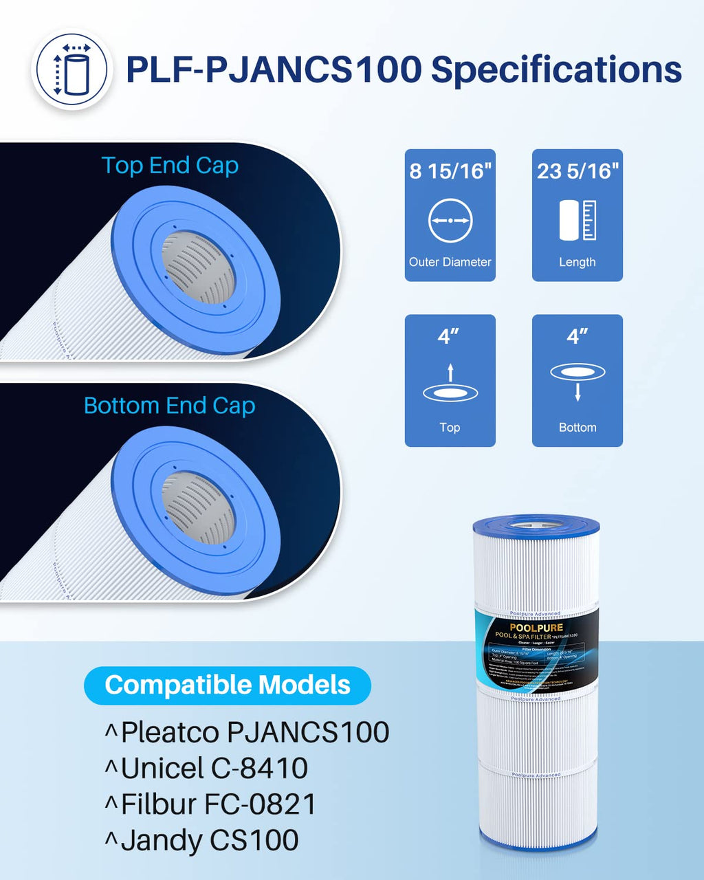 POOLPURE PLFPJANCS100 Pool Filter Replaces Jandy CS100, R0462200, PJANCS100, Ultral-B2, Porpoise PP-B2, Unicel C-8410, Filbur FC-0821, 1 Pack