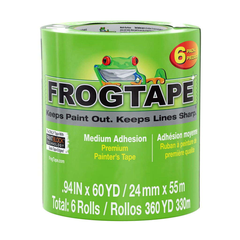 FrogTape Multi-Surface Painter's Tape with PAINTBLOCK, 1 in Wide (0.94 in x 60 yd), Quick Stick Medium Adhesion, Premium Green Painters Tape Removes Clean, 6 Roll (240659)