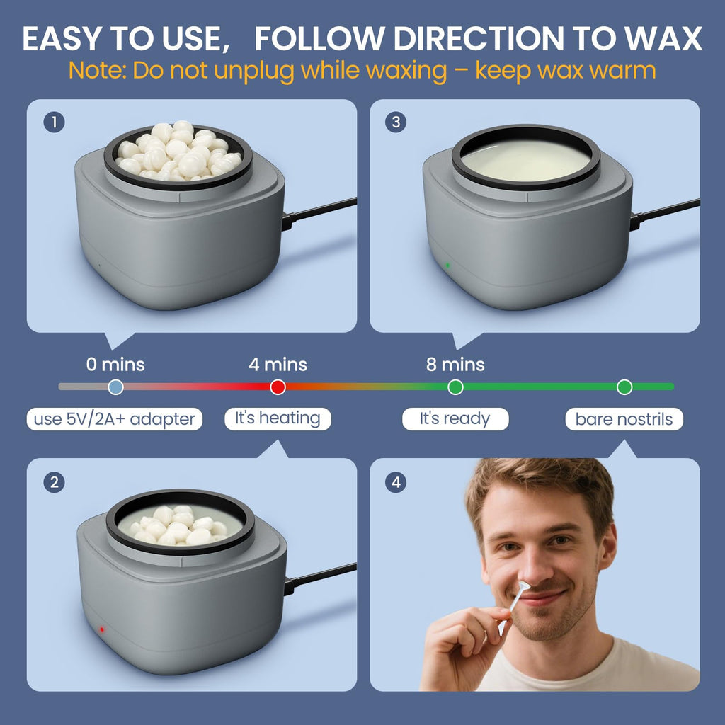 AUZEAL Nose Wax Kit Men, Mini Wax Warmer for Hair Removal, Mini Wax Kit for Noes and Ear, 100g Wax Beads, 40 Sticks, USB Fast Heat, Smart Constant Temp, Upgraded Size, Multi-Accessories, Gray