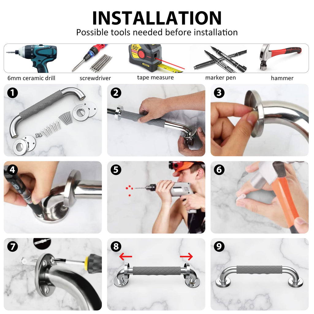 opove 12" Grab Bars for Shower and Bathroom, Anti-Slip Shower Handles for Elderly, Seniors, Handicap & Pregnant Women, Gray (1 Pack)