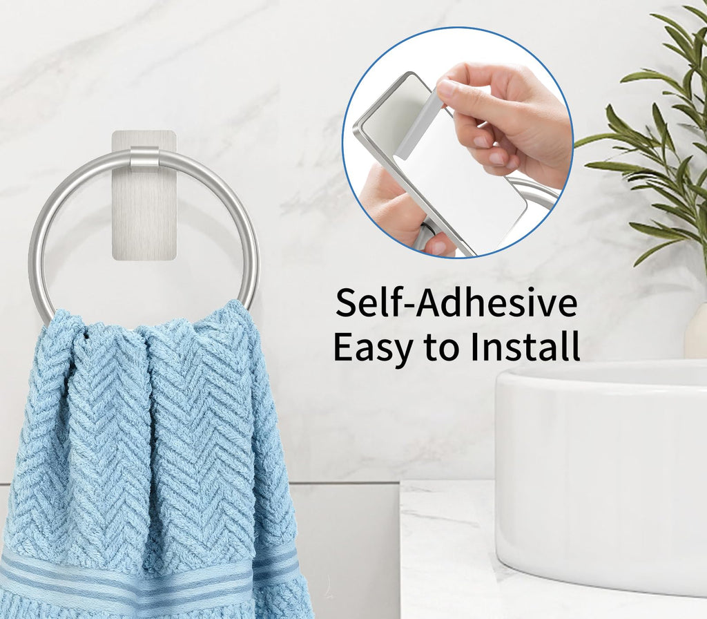STWWO Brushed Nickel Towel Ring, Hand Towel Holder for Bathroom, Self Adhesive Hand Towel Rings for Bath, Kitchen, RV, No Drill Hole