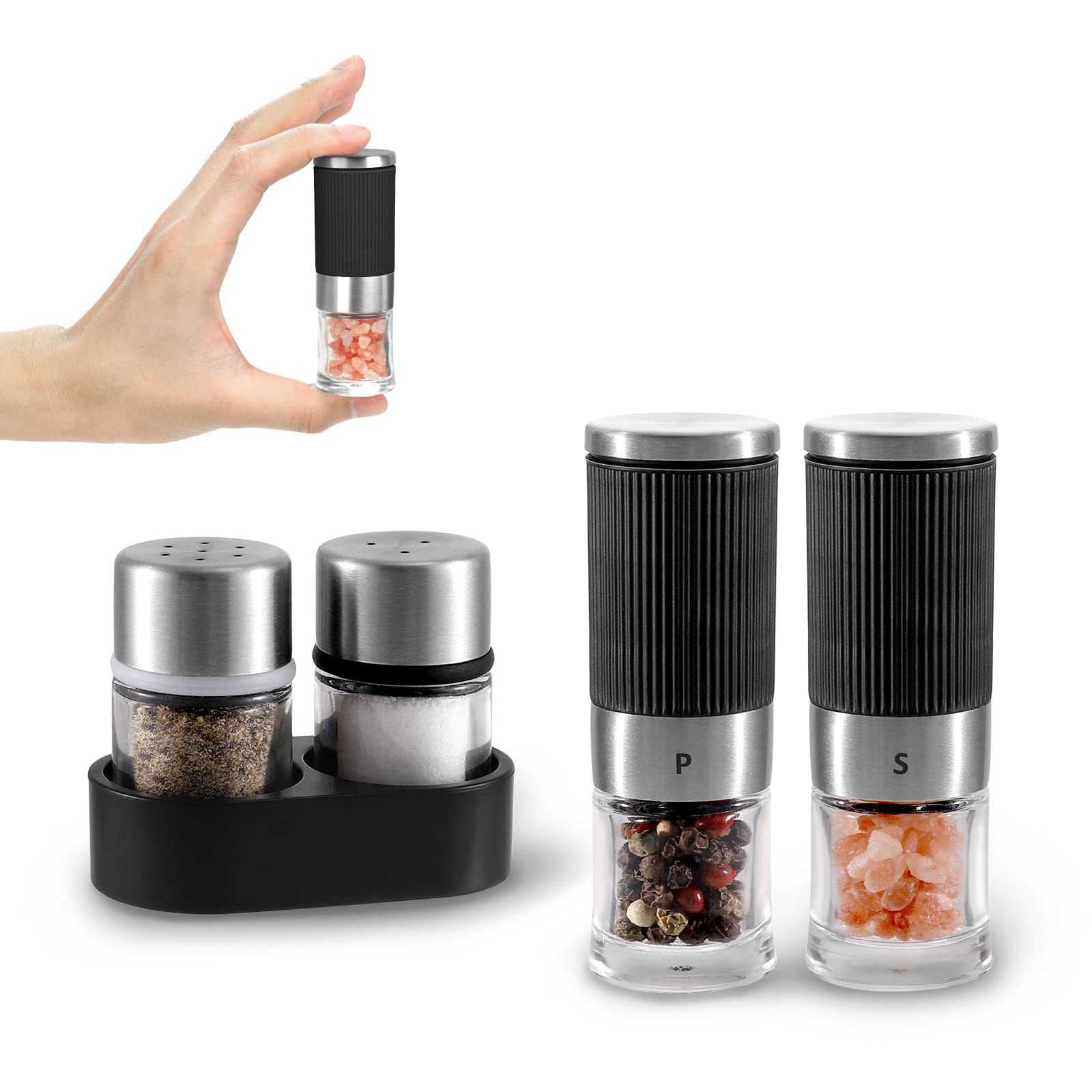 Mini Salt and Pepper Grinder set with 2 Small Salt and Pepper Shakers Portable Cute Tiny Spice Grinder Pepper Mill Salt Grinder for Travel, Work, Camping, Party, School, Lunch Box