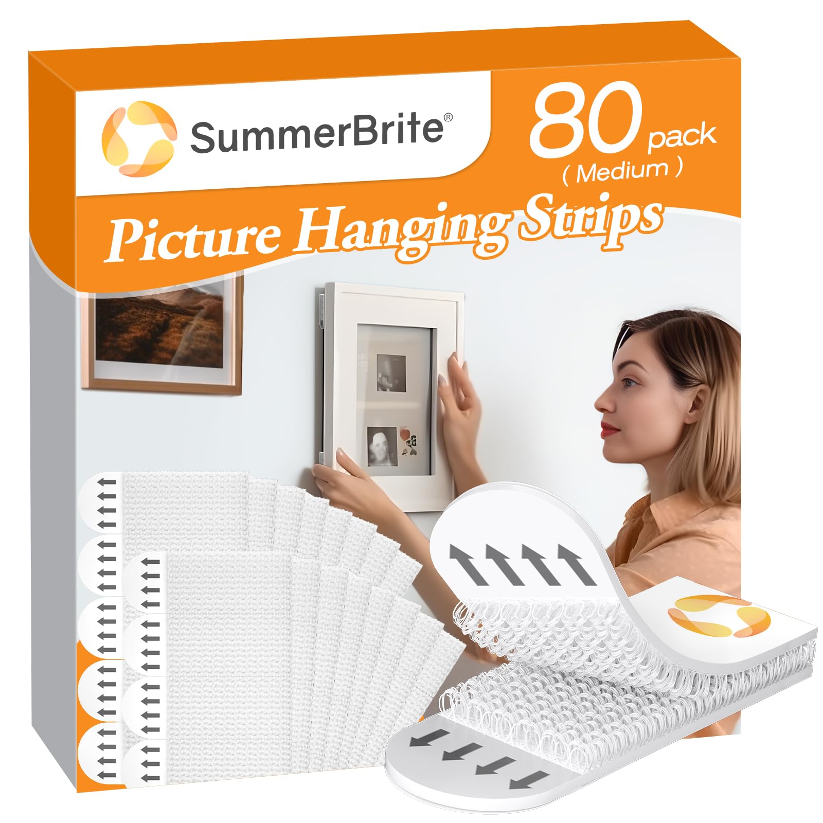SummerBrite Picture Hanging Strips 80 Strips, Damage Free Removal, Wall Poster Picture Hangers Without Nails, Sticky Hook & Loop Adhesive Strips for Poster/Picture/Home/Office, 40 Pairs/Medium, White
