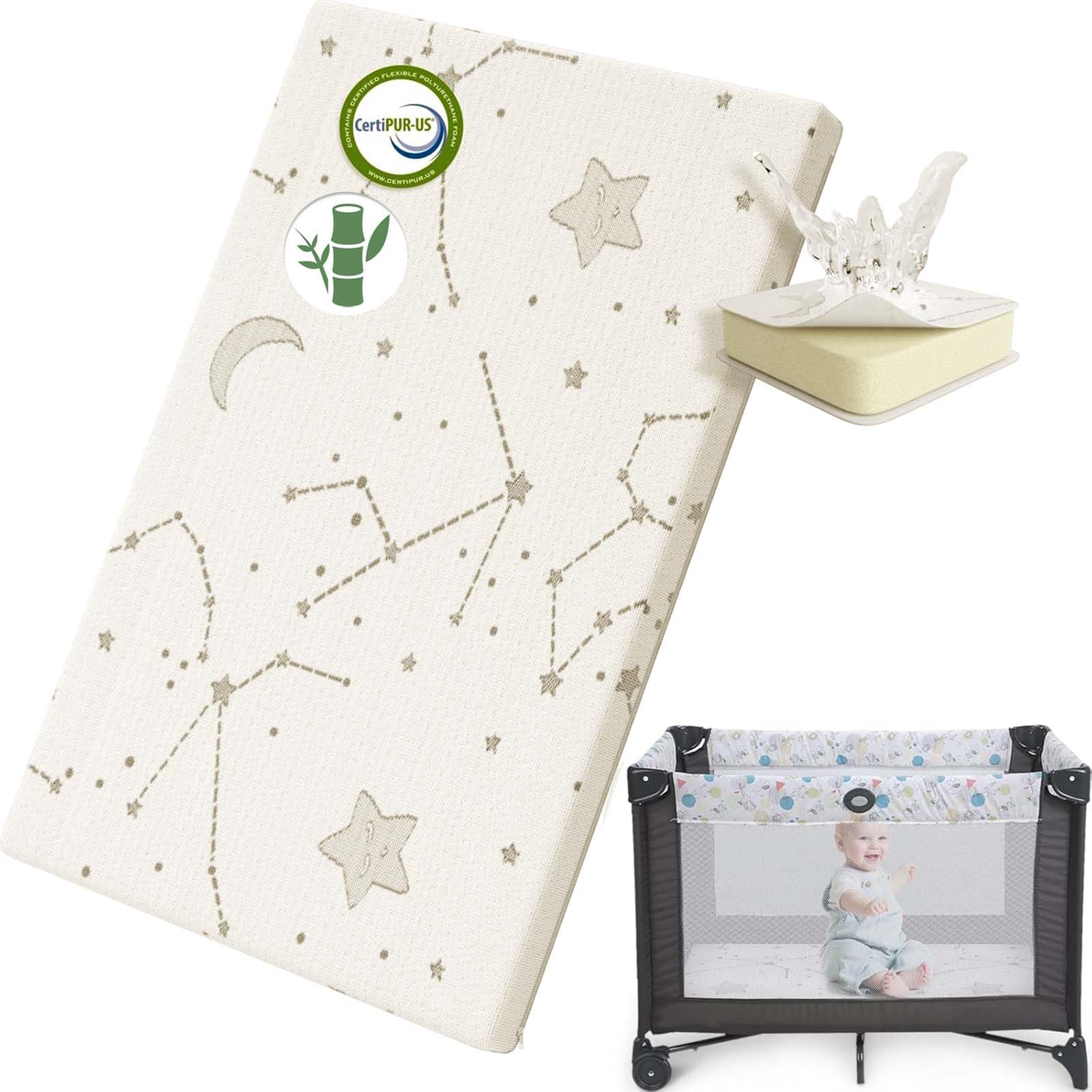 YENING Bamboo Pack and Play Mattress Pad Breathable 38x26 Waterproof Baby Mattress for Pack N Play Matress Topper Waterproof