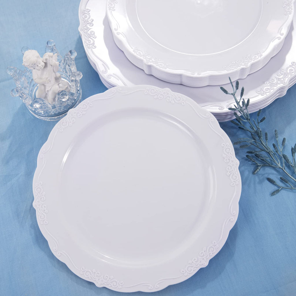U-QE 100 Pieces White Disposable Plates - Premium Hard Plastic Plates for Wedding and Party Use Including 50 Dinner 10.25 '' & 50 Dessert 7.5 '' Plates