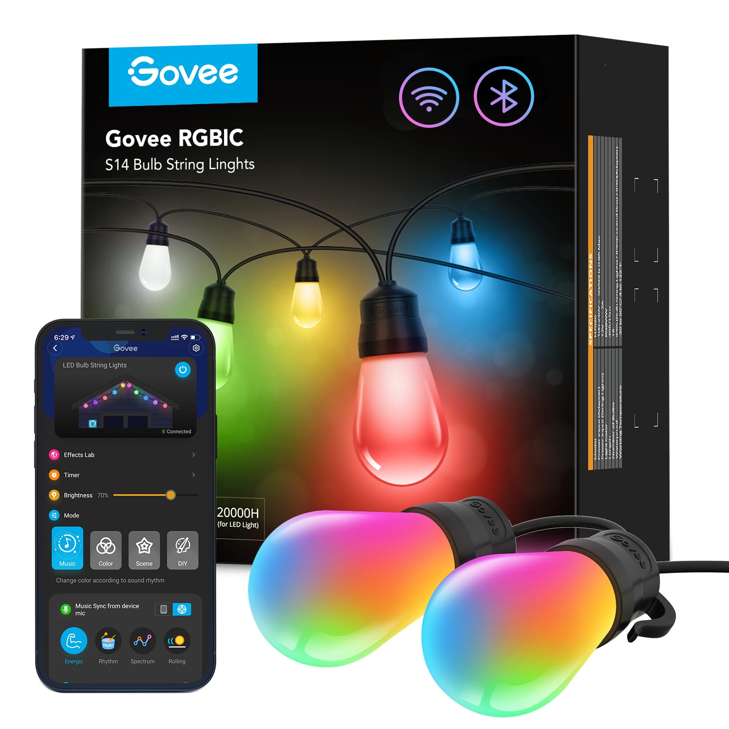 Govee Smart Outdoor String Lights H7020, RGBIC Warm White 48ft LED Bulbs for Halloween Decorations, Christmas, WiFi Patio Lights Work with Alexa, Google Assistant, APP Control, IP65 Waterproof