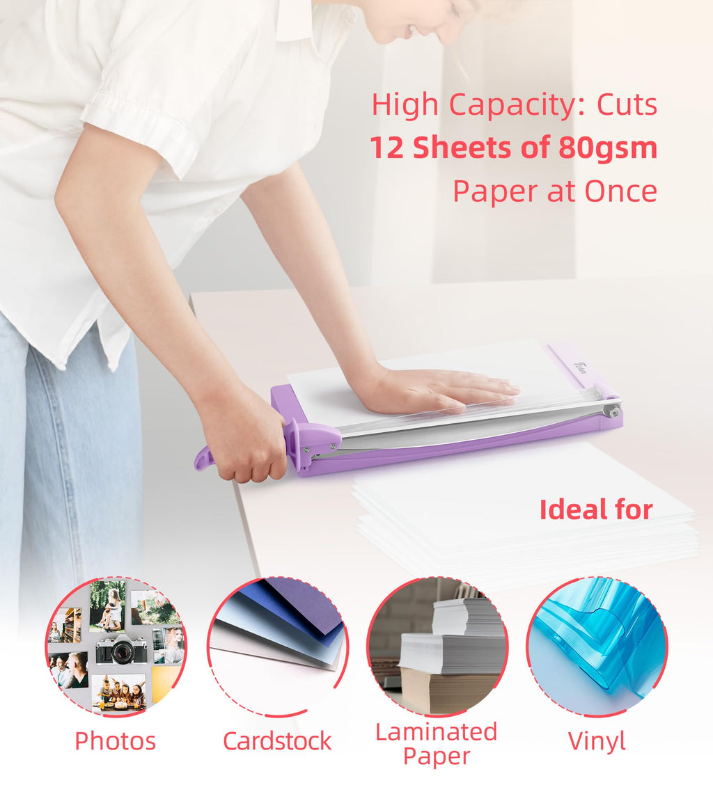 12" Guillotine Paper Cutter with Hidden Ruler, Compact Heavy Duty 12-Sheet Capacity Trimmer for Cardstock, Photos, Scrapbooking, Office, Classroom, Studio (Purple)