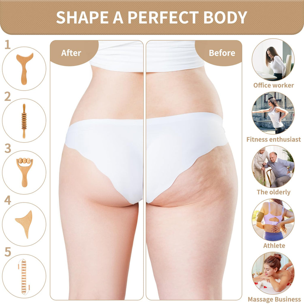 HeiWecan 5 in 1 Wood Therapy Massage Tools, Lymphatic Drainage Massager, Professional Maderoterapia Kit,Body Shaping, Anti-Cellulite,Massager Body Sculpting Tools for Muscle Pain Relief