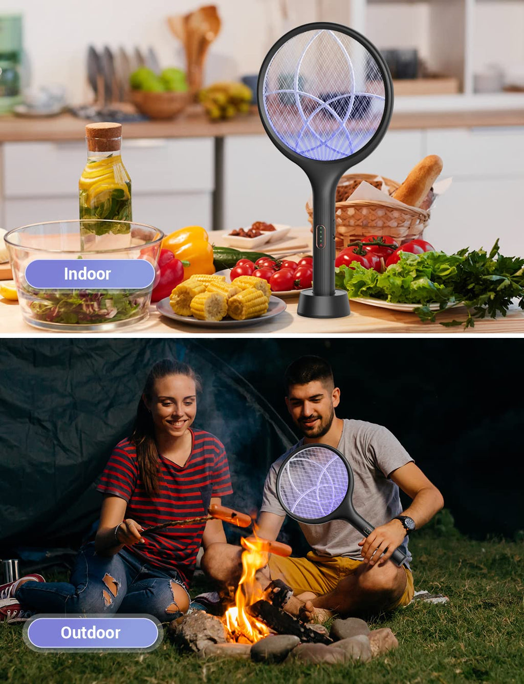 YISSVIC Electric Fly Swatter 4000V Bug Zapper Racket Dual Modes Mosquito Killer with Purple Mosquito Light Rechargeable for Indoor Home Office Backyard Patio Camping (Black)