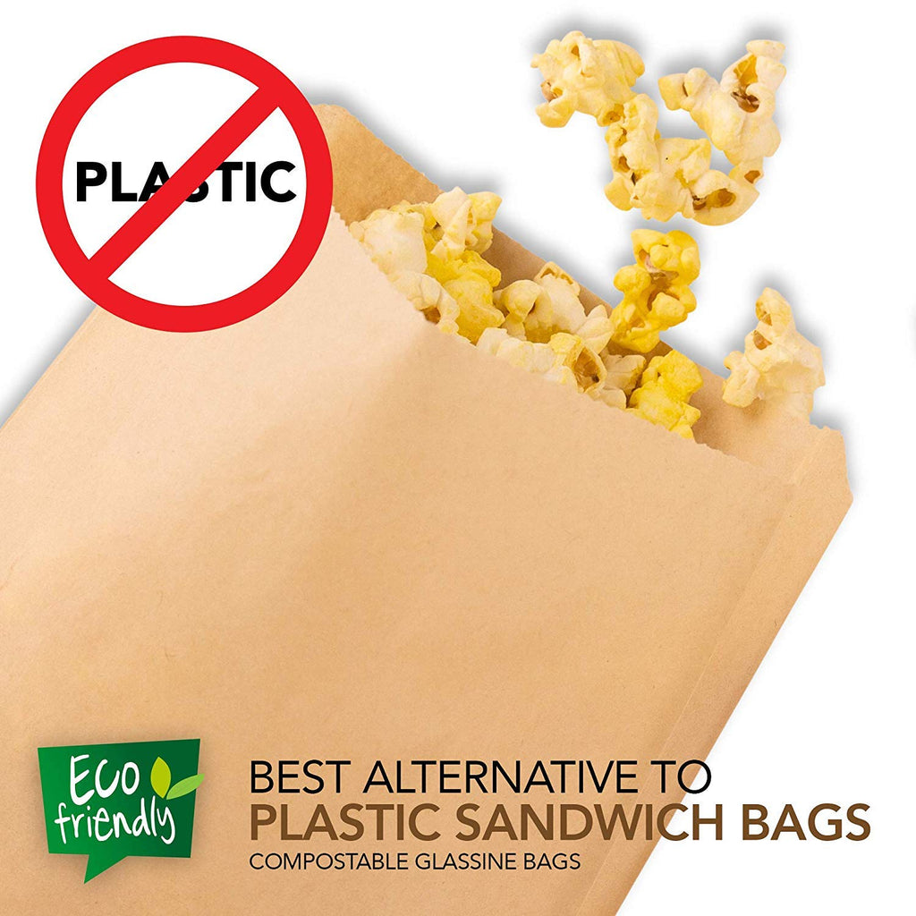 Paper Sandwich Bags Kraft Brown (125 Pack) Food Grade Bags with White Round Stickers for Sealing - Unbleached Compostable Natural Kraft Paper Stock Bags for Bakery Cookies, Treats, Snacks, Sandwiches