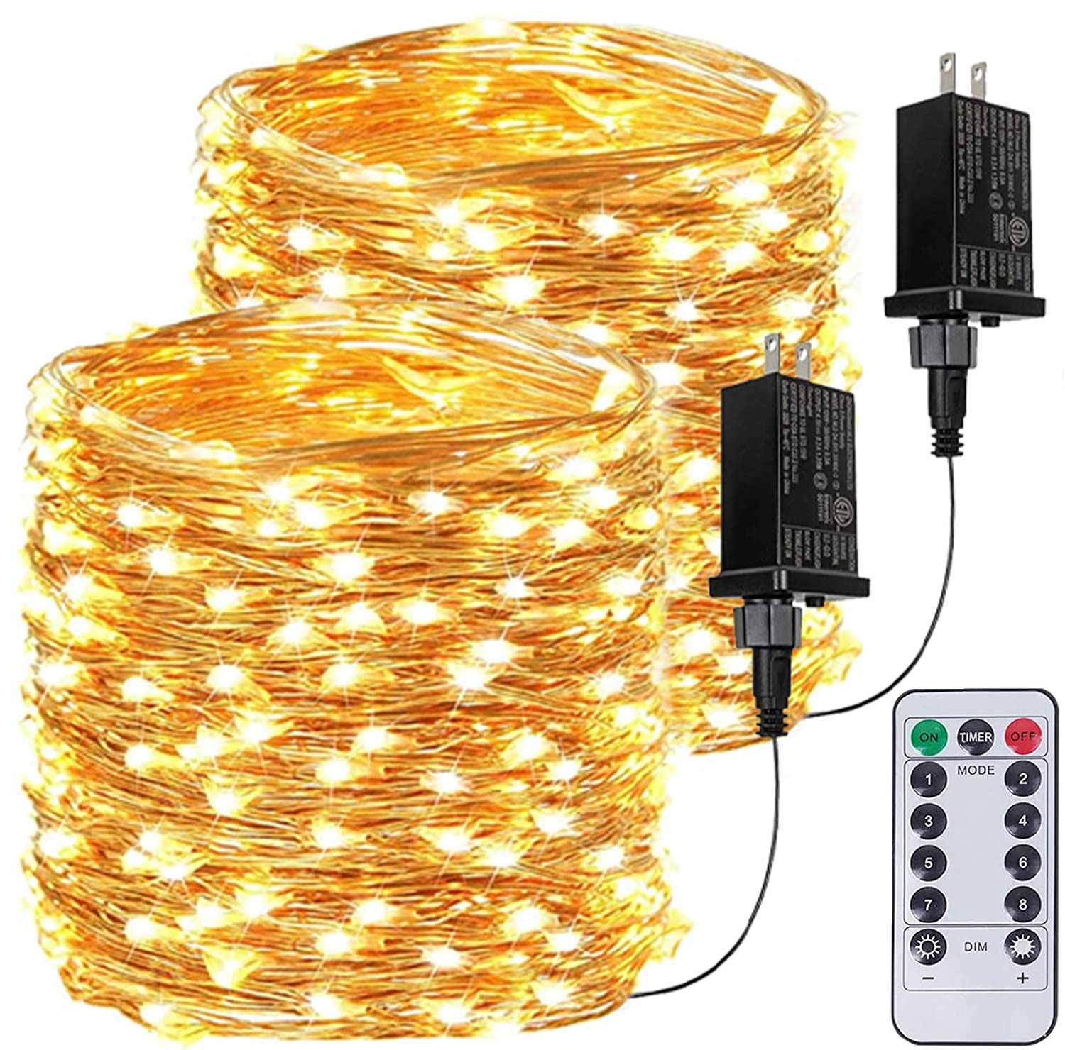 2PK Each 66Ft 200LED Fairy Lights Plug in, Waterproof with Remote Outdoor 8 Modes Christmas Lights Bedroom Decor, Twinkle Lights with Timer for Girl's Room Christmas Decorations (Warm White)