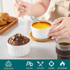 vancasso 6 oz Ramekins with Lid, Porcelain Creme Brulee Souffle Dishes, White Pudding Custard Cups Ramiken for Baking, Dishwasher and Oven Safe, Set of 6