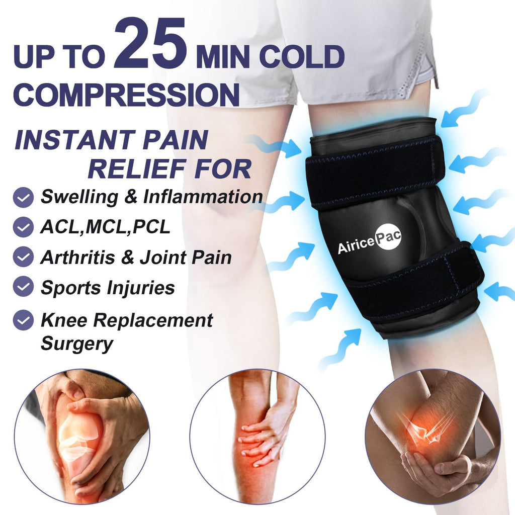 AiricePac Ice Pack for Knee Pain Relief, Reusable Gel Ice Wrap for Injuries, Swelling, Knee Replacement Surgery, Cold Compress Therapy for Arthritis, Meniscus Tear and ACL, Black
