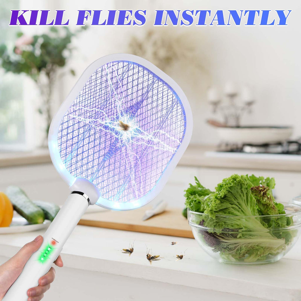 Qualirey 2 Pack Electric Fly Swatter 3000v Bug Zapper Racket 2 in 1 Mosquito Killer with 3 Layers Safety Mesh 20.5 Inch Extra Large USB Rechargeable with 1200mah Battery for Indoor Outdoor(White)