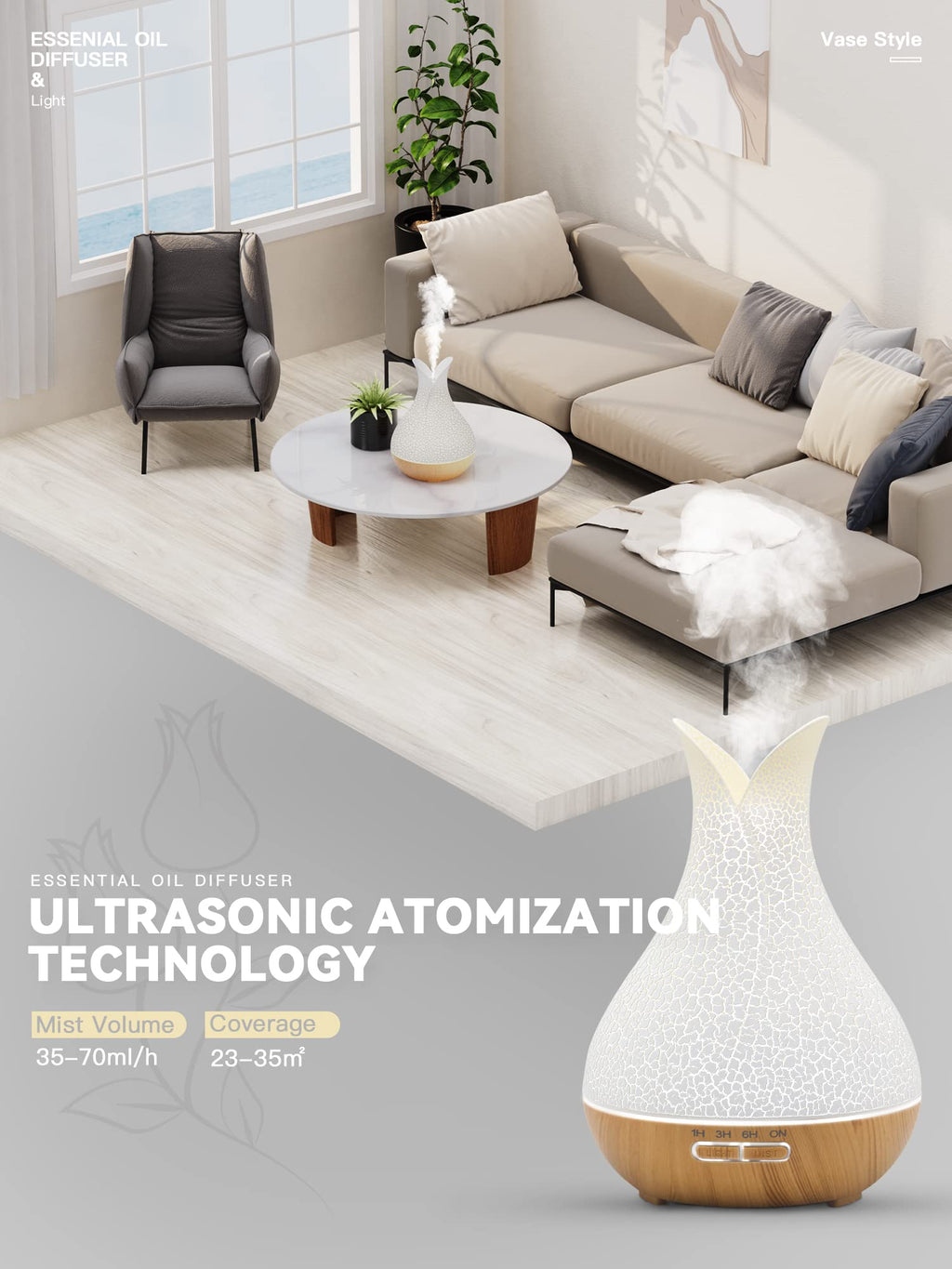 Katusie 500ML Essential Oil Diffuser with 10 Essential Oils Gift Set, Aromatherapy Diffuser Humidifier with 2 Mist Mode 4 Timers＆ 7 Ambient Light Waterless Auto Off for Large Room Home Office