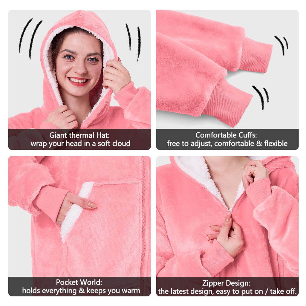 JOYWOO Pink Wearable Blanket Hoodie, Oversized Birthday Gifts for Girlfriend, Hooded Blanket Christmas Gifts for Girls Women, Cozy Fuzzy Sherpa Sweatshirt Blanket with Giant Pocket and Zipper, Pink