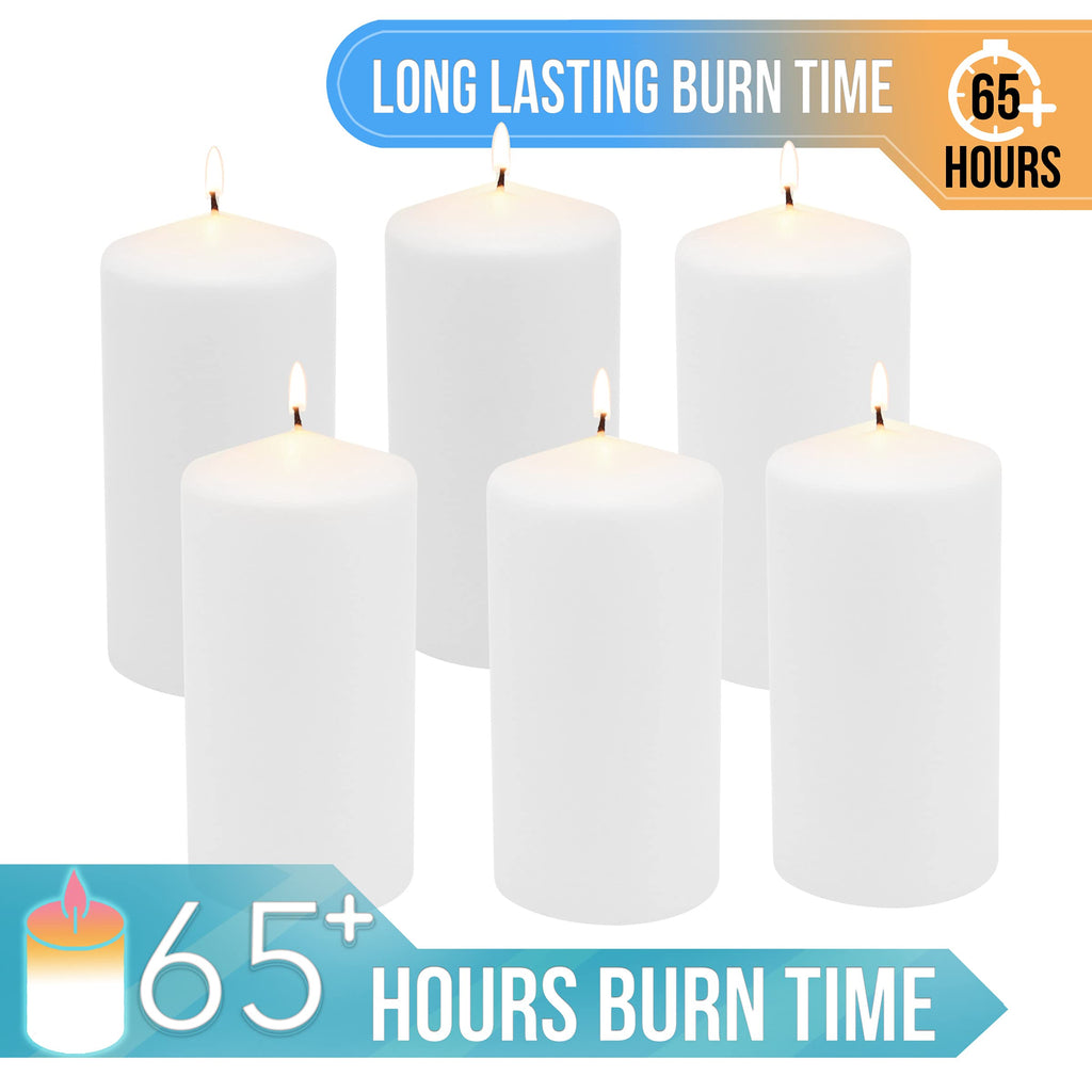 Stonebriar 6 Count Tall 3 x 6 Inch 65 Hour Long Burning Unscented White Wax Pillar Candles