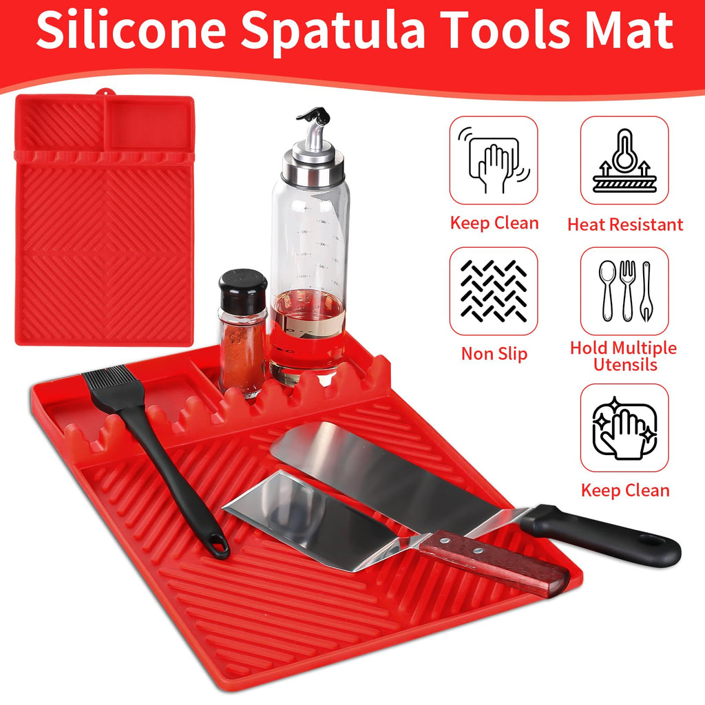 Griddle Mat Barbeque Grill Accessories Tools for Blackstone, Side Shelf Mat Grill Pad for Outdoor Grill Kitchen Counter Spatula Silicone Mat with Drip Pad for Kitchen, Cooking, Countertop (Red)