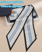 Fashion Scarf for Women - 58" Long Skinny Scarf Lightweight, Luxurious Silk Feeling for Neck, Hair, Purse & Belt Accessory (Blue-White Geometric)