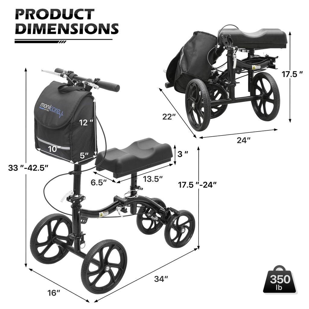 monicare Knee Walker for Adults 10" Front Wheels Steerable Medical Scooter Crutch Alternative with Dual Braking System and Removable Storage Pouch for Leg and Foot Injuries, Easy Assembly, 350lbs Load