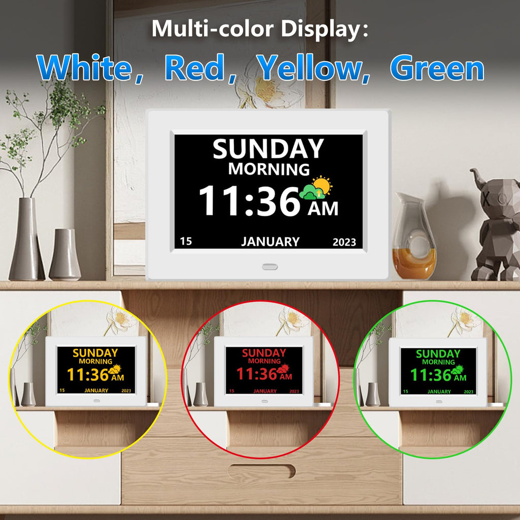 LXBYJKJ 7 Inch Digital Clock with Day and Date for Elderly Alzheimer's Dementia Clock Customizable Alarms and Medicine Reminders 3 Display Modes Large Font Digital Alarm Clock for Seniors White