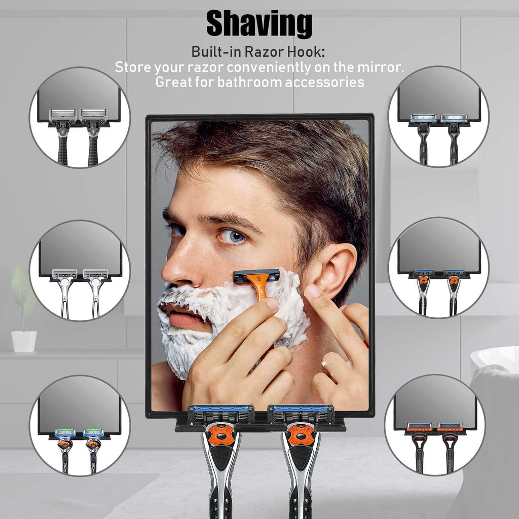 Shower Mirror for Shaving & Washing Your Face with a Squeegee - Built-in Two Razor Holder, 360°Rotation Adjustable Shaving Bathroom Mirror - Easy Install, Home Shower Accessory(Not Fogless)
