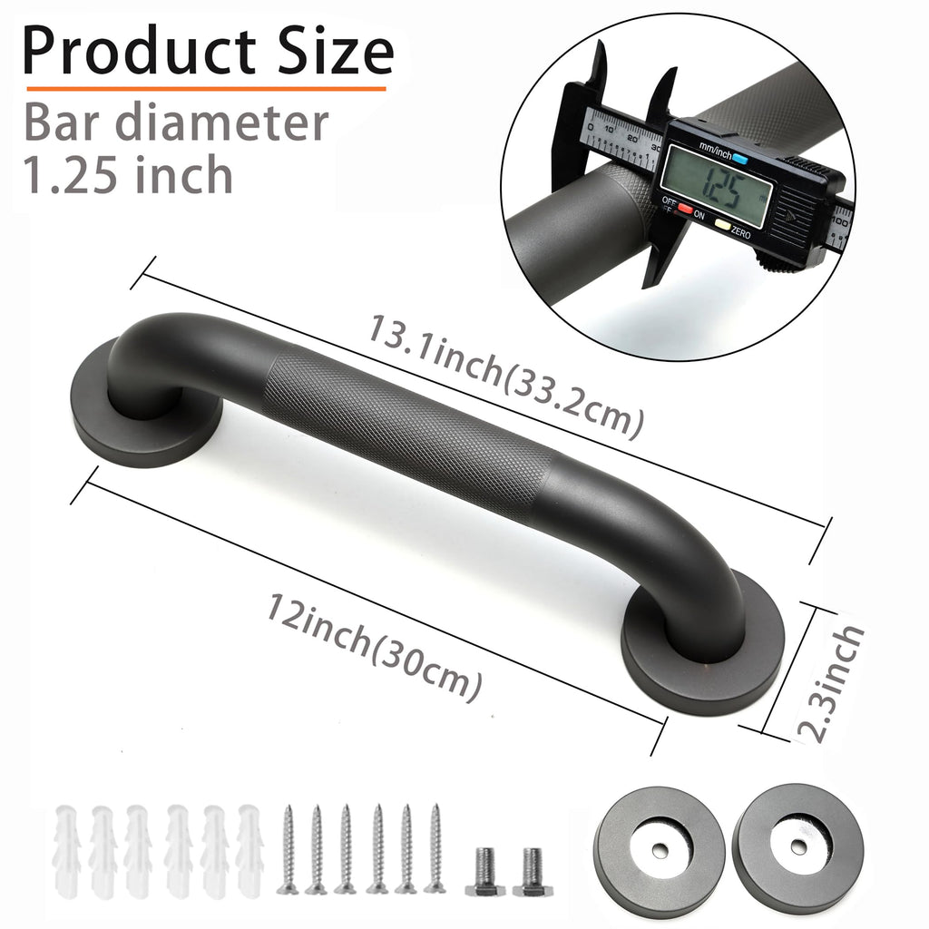 Rackickyer Shower Grab Bar, 2 Pack 12 Inch Gray Bathroom Grab Bar, 1.25" Diameter 304 Stainless Steel Anti-Slip Grab Bars for Bathtubs and Showers, Handicap Shower Grab Bar for Seniors Elderly