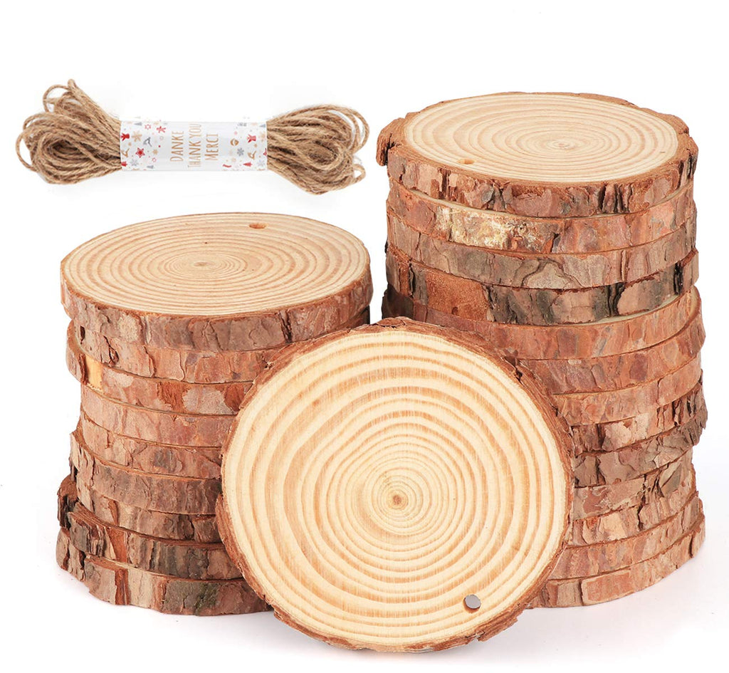ilauke Natural Wood Slices 30Pcs 3.1''-3.5'' Unfinished Wood Crafts with Pre-drilled Hole, Wood Slices Ornaments for Christmas DIY Rustic Crafts Wooden Circles Coasters Wedding Decor, 33 Feet Twine