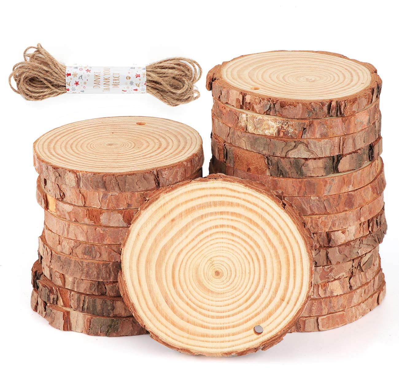 ilauke Natural Wood Slices 30Pcs 3.1''-3.5'' Unfinished Wood Crafts with Pre-drilled Hole, Wood Slices Ornaments for Christmas DIY Rustic Crafts Wooden Circles Coasters Wedding Decor, 33 Feet Twine