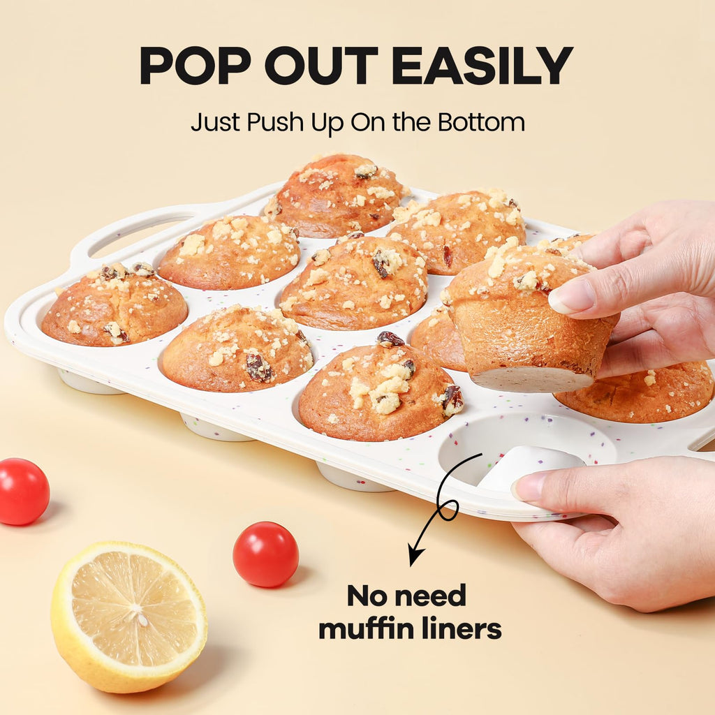 Fimary Silicone Muffin Pans for Baking 2 Pack, 2.8 Inch with Metal Reinforced Frame, Regular Size Nonstick Silicone Cupcake Pan 12 Cups for Baking Homemade Muffins, Cupcakes, Dishwasher Safe BPA Free