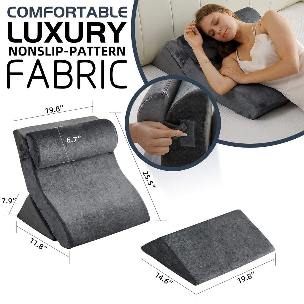 Qirroboni 4PCS Orthopedic Bed Wedge Pillow Set, Adjustable Pillows for Neck, Back and Leg Pain Relief Comfortable & Post Surgery Foam - Heartburn, Anti Snoring, Acid Reflux & GERD Sleeping Grey