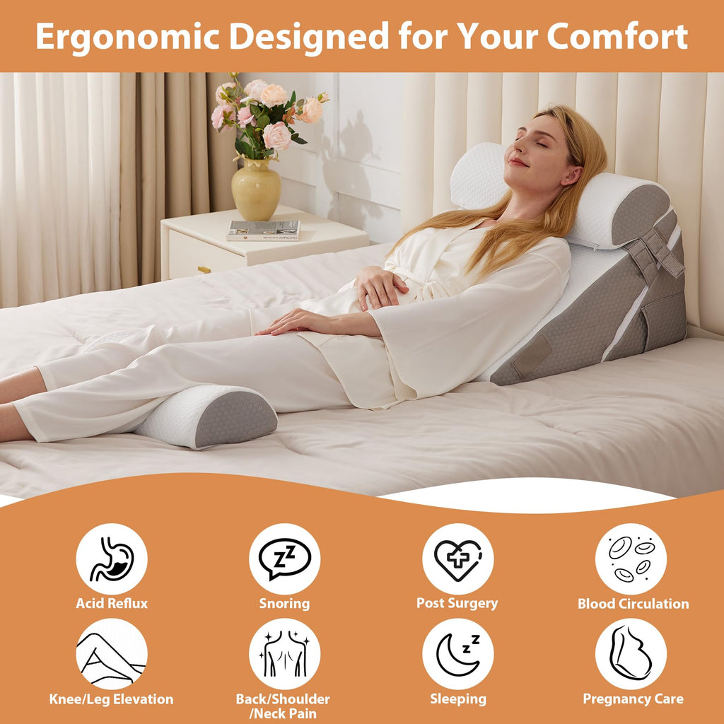 BIEEZZK Orthopedic Bed Wedge Pillow Set 4Pcs, Adjustable Memory Foam Wedge Pillow, Pillow Wedges for Post Surgery, Back Pain Relief, Triangle Pillows for Acid Reflux, Snoring, GERD, White/Grey