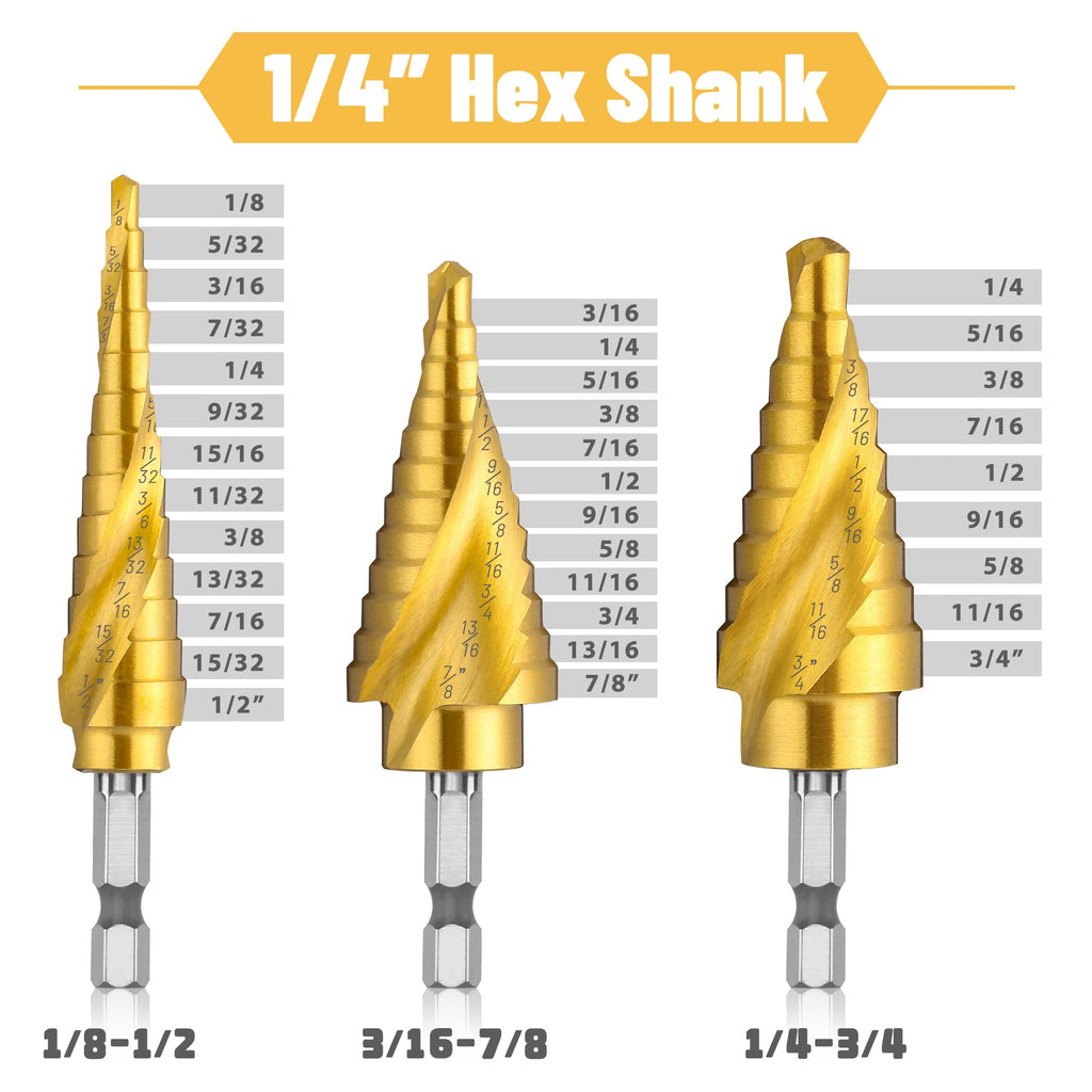 IRONANT Step Drill Bits, 5PCS Spiral Grooved HSS Titanium Step Drill Bit Set, 50 Sizes High Speed Steel Step Bits for Metal with Aluminum Case
