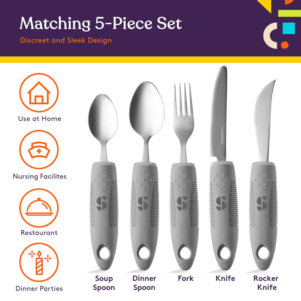 Special Supplies Adaptive Utensils (5-Piece Kitchen Set) Wide, Non-Weighted, Non-Slip Handles for Hand Tremors, Arthritis, Parkinson’s or Elderly Use (Grey)