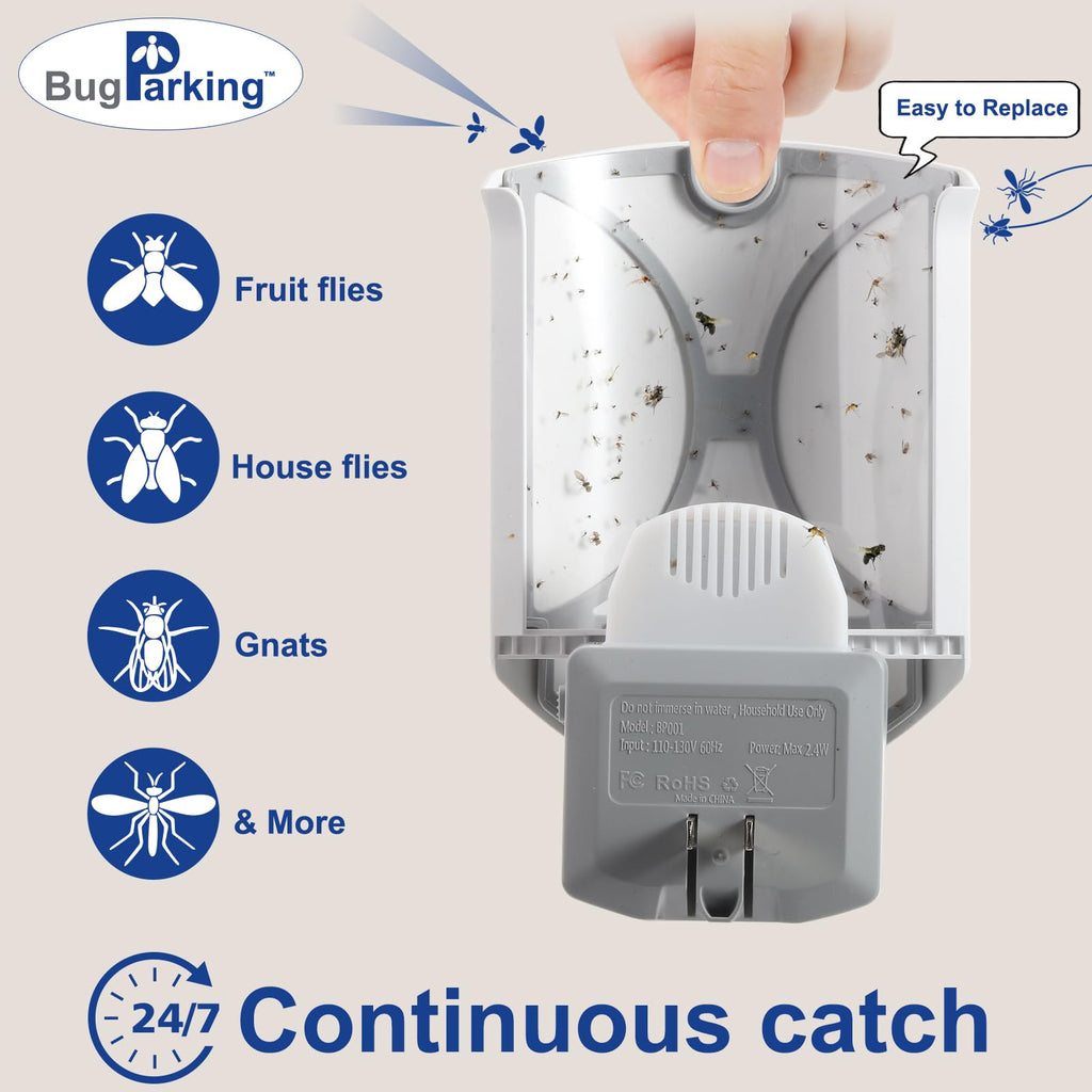 Bug Parking Flying Insect Trap, Plug-in UV Light for Gnats, Fruit Flies and Houseflies, Silent Sticky Catcher for Indoor Use, 1 Device & 5 Refills
