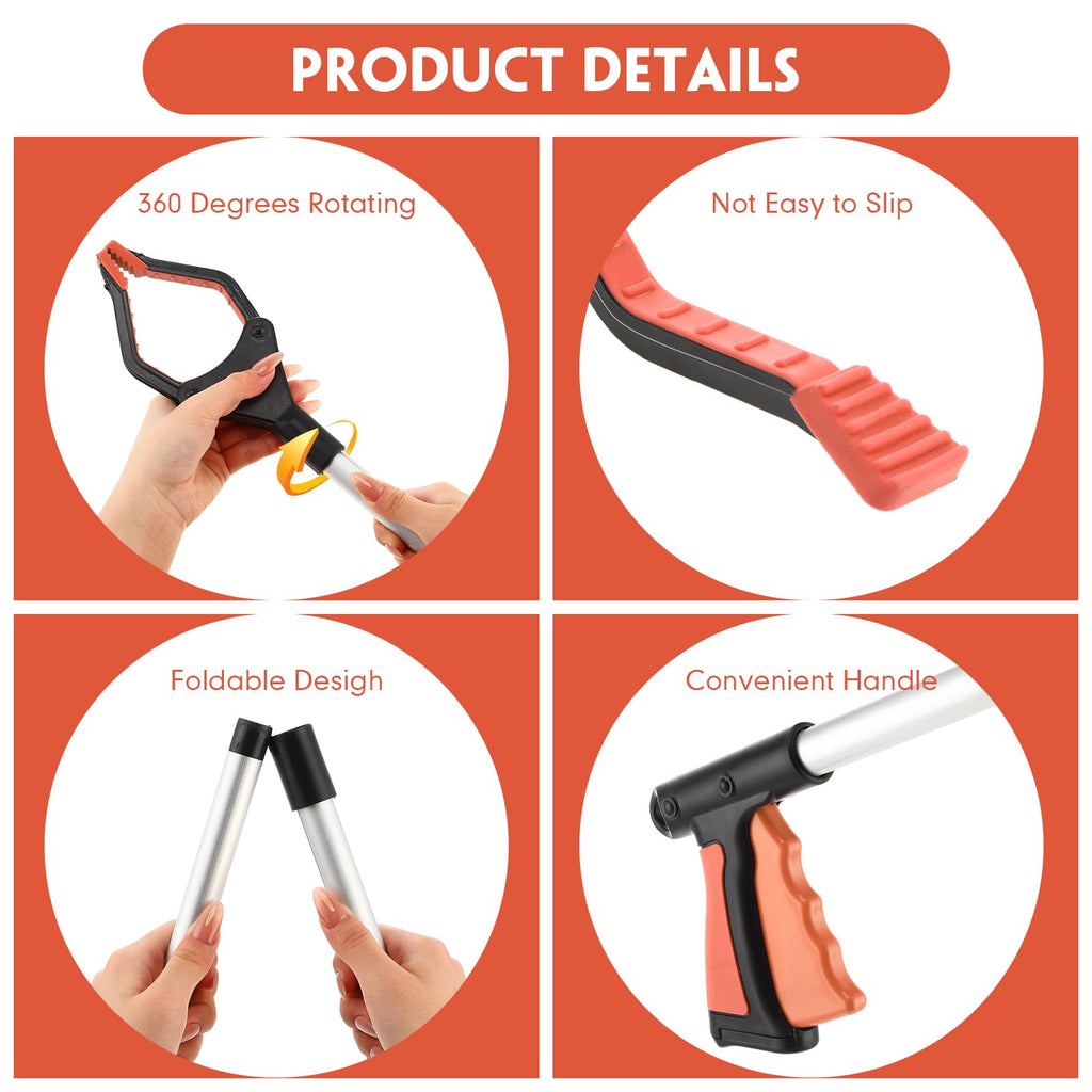 6 Pcs Grabber Tool for Elderly Foldable Trash Picker 32 Inch Extra Long Litter Stick Lightweight Handy Claw Grabber for Arm Extension Garbage Gripper Trash Pick up Litter Picker Garden Nabber (Orange)