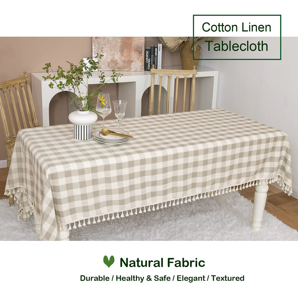 Midsummer Breeze Rustic Checkered Tablecloth, Cotton Gingham Rectangle Table Cloths for Kitchen Dining Restaurant Farmhouse Thanksgiving Christmas Decor (55x84”,Gray Khaki)