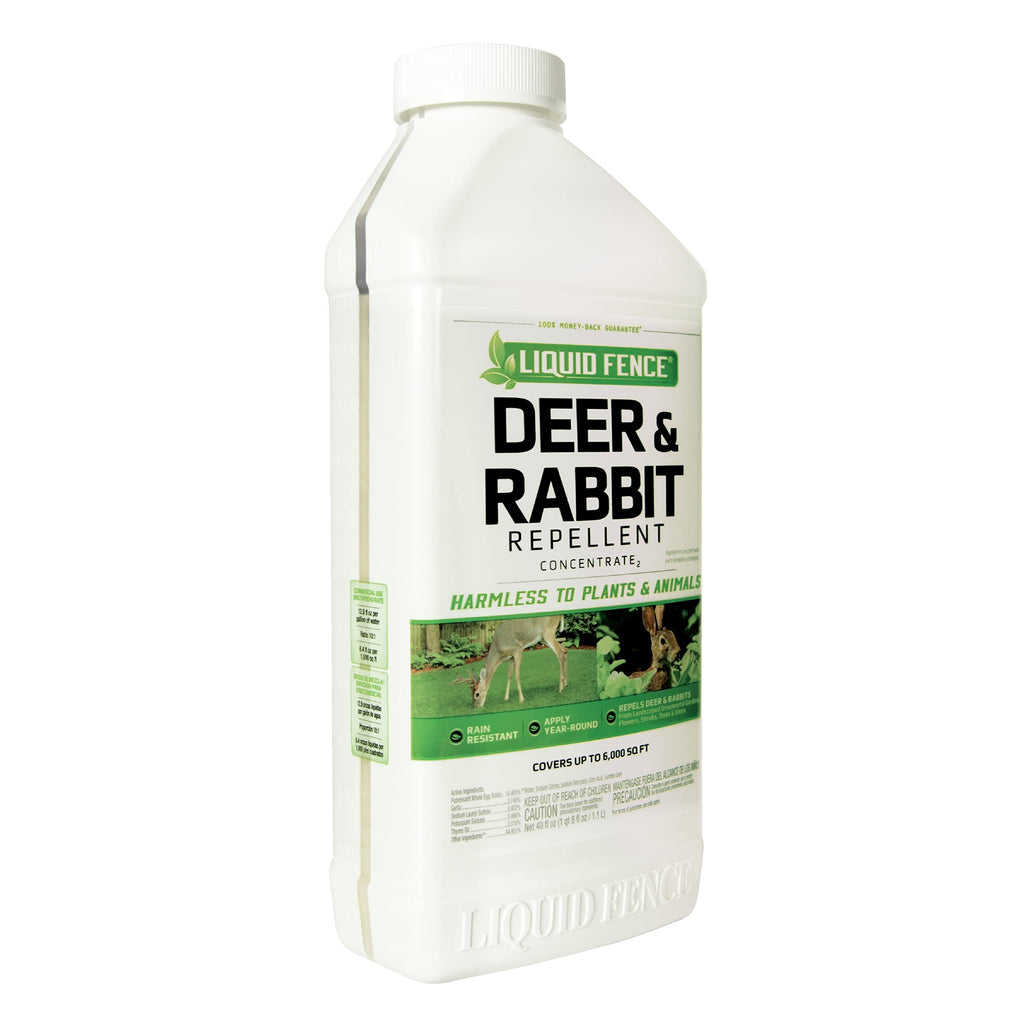 Liquid Fence Deer & Rabbit Repellent Concentrate,Keep Rabbits Out of Garden Patio &Backyard,Use on Gardens Shrubs &Trees, Harmless to Plants &Animals When Used Stored as Directed, 40fl Ounce