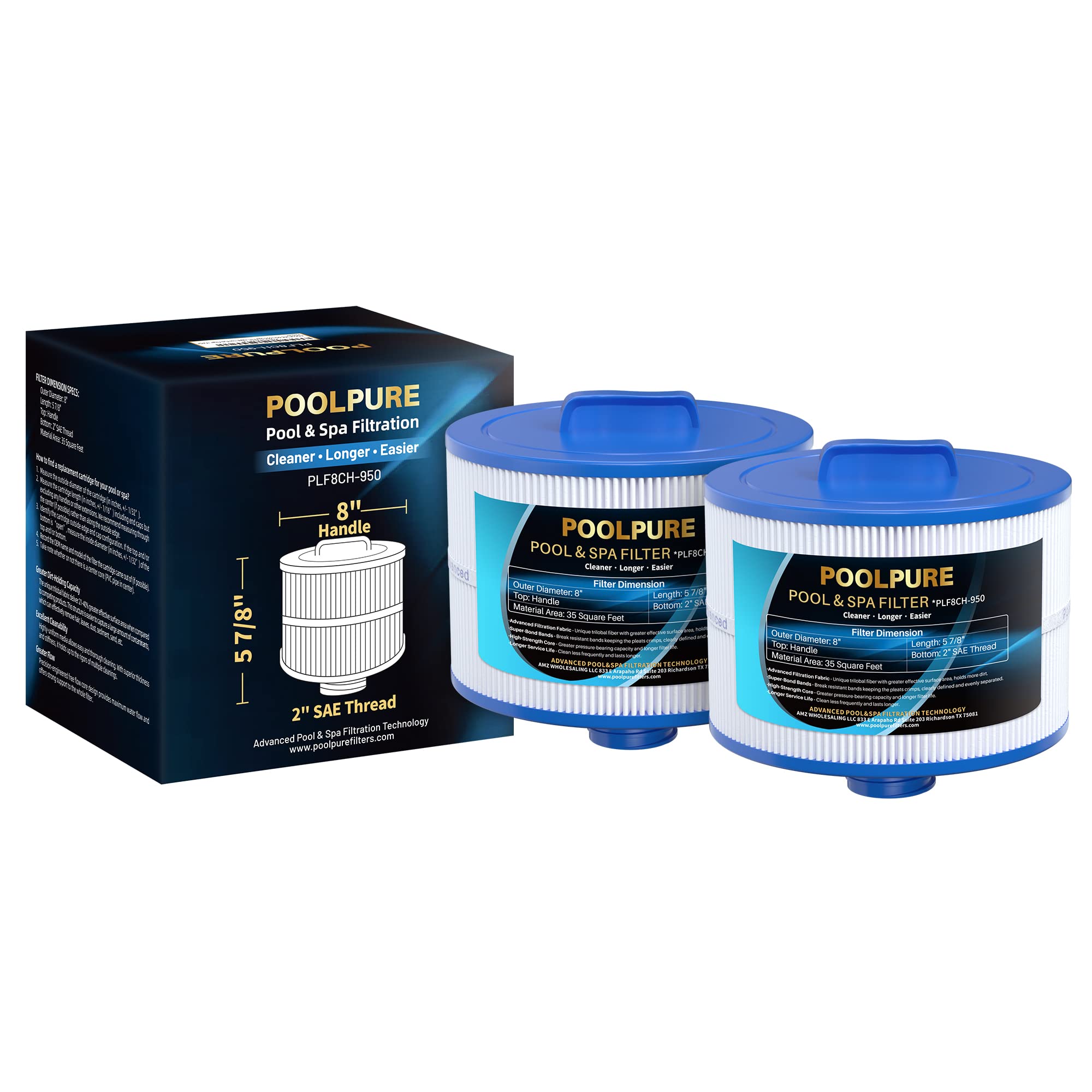 POOLPURE 8CH-950 Replacement for 10-2785 Bullfrog Spa Filter, PBF35, PBF50-F2S, Filbur FC-0536, Excel Filters XLS-834, Aladdin 15052, Baleen AK-90311, 2" SAE Thread Bull Frog Spa Filter, 2PACK