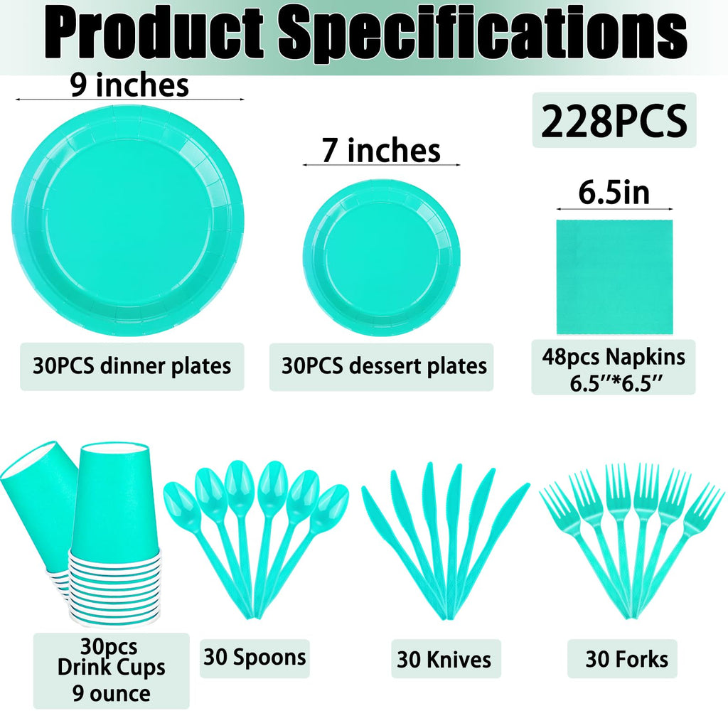 TWOWYHI 228PCS Teal Blue Party Supplies Set Include Paper Plates Cups Teal Blue Napkins Plastic Spoons Forks Knives for 30 Guests Disposable Party Dinnerware for Birthday Wedding Party Family Picnic