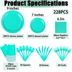 TWOWYHI 228PCS Teal Blue Party Supplies Set Include Paper Plates Cups Teal Blue Napkins Plastic Spoons Forks Knives for 30 Guests Disposable Party Dinnerware for Birthday Wedding Party Family Picnic