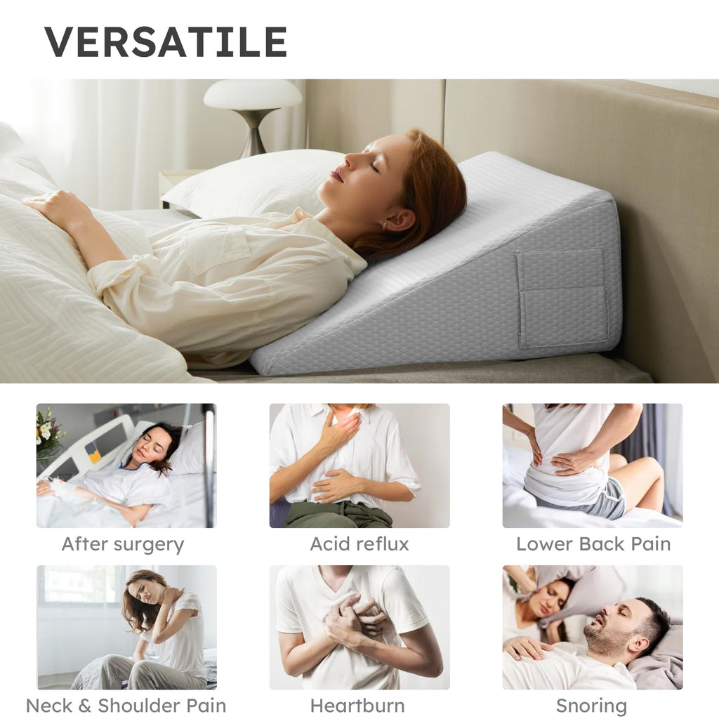 Bedluxe Wedge Pillow for Sleeping, 10 inch Elevated Support Bed Wedge Pillow, Breathable Triangle Pillow Wedge with Cooling Memory Foam Top - Removable Washable Cover, Light Grey