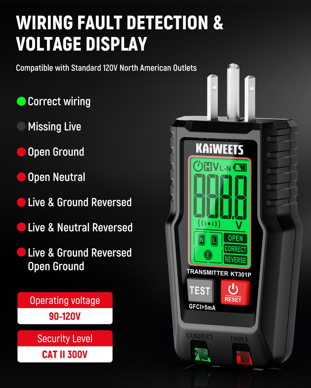 KAIWEETS Circuit Breaker Finder with LCD Display, GFCI Outlet Tester, Electrical Circuit Tracer Tool with NCV Test & Flashlight, Includes Carrying Case and Adapters- KT301P
