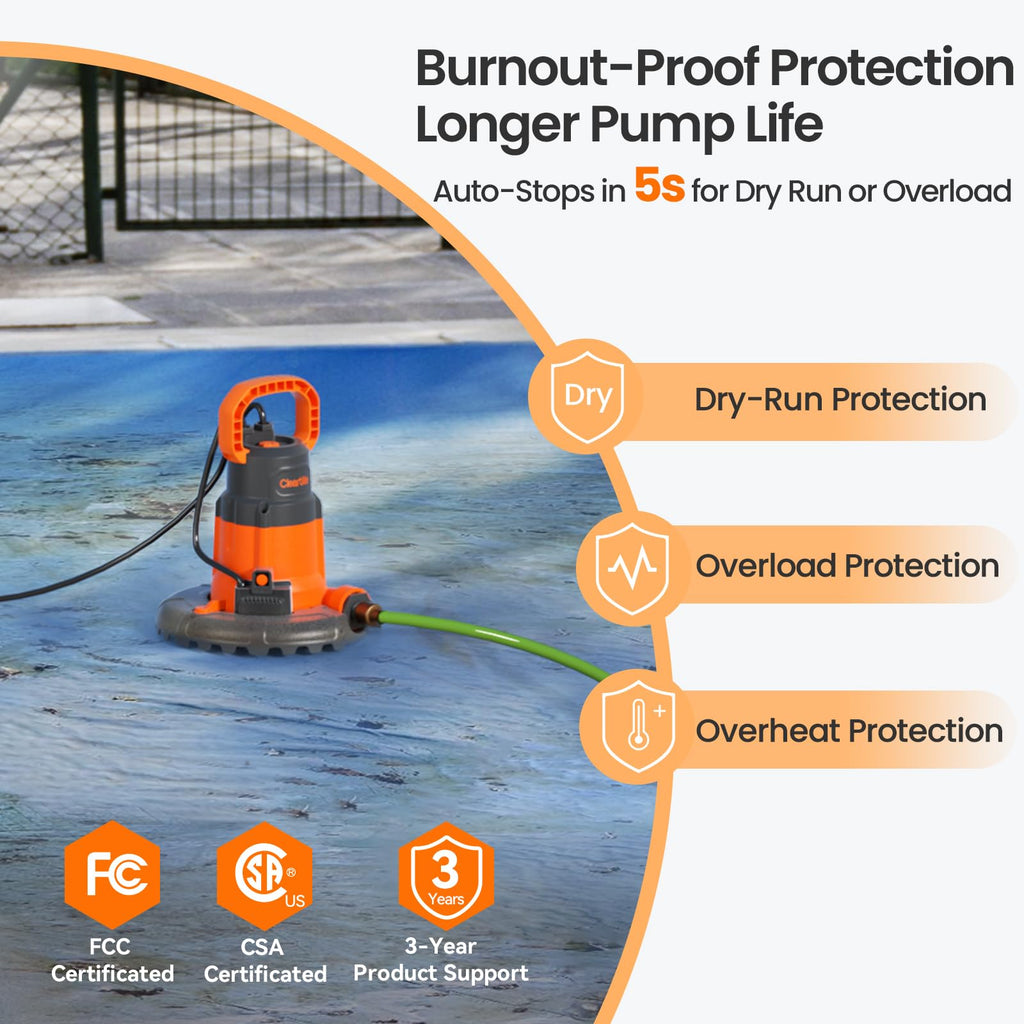 Cleartide Smart Automatic Pool Cover Pump, 1/3 HP 2790 GPH with Auto On/Off & Freeze Protection, Pump for Inground/Above Ground Winter Pool Covers, Dual Mode, 25ft Cord, 120V AC