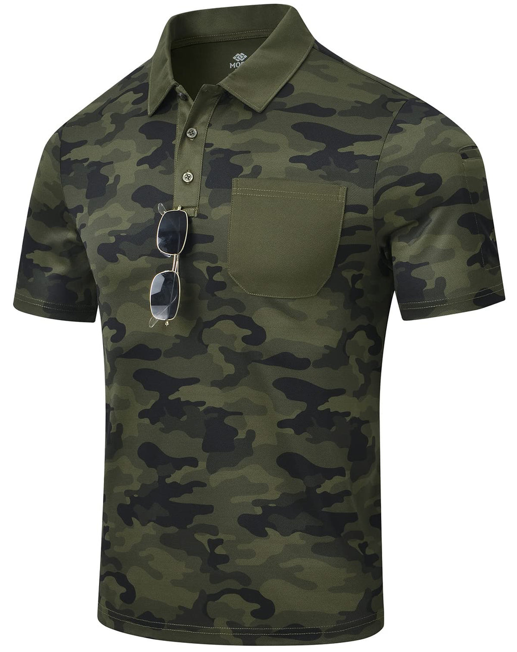 Men's Polo Shirts Short Sleeve Quick Dry Outdoor Golf Sports Shirts with Pocket Regular Polo T-Shirt Camo Army Green XL